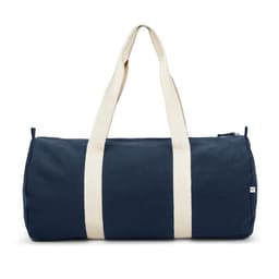 A dark blue duffle bag made from recycled cotton and polyester, featuring cream-coloured handles and a logo.