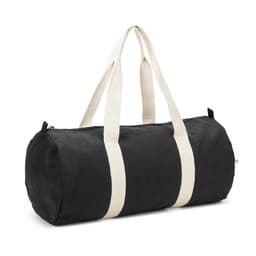 A black duffle bag made from recycled cotton and polyester, featuring cream-coloured handles and a zip closure.