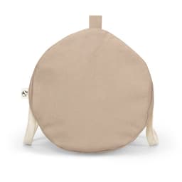 A beige duffle bag made from recycled cotton and polyester, featuring a handle and a logo.