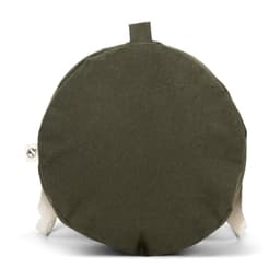 A round sports bag in dark green made from recycled cotton and polyester, featuring a single handle and a logo.