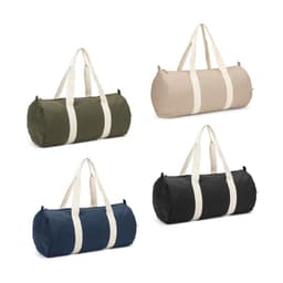 A collection of four duffle bags in olive green, beige, navy blue, and black with cream-coloured straps. Each bag has a logo.