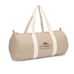 A beige duffle bag made from recycled materials, featuring a logo and sturdy handles for easy carrying.