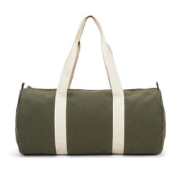 A green duffle bag made of recycled cotton and polyester, featuring cream handles and a zip closure.