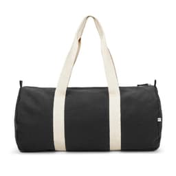 A black duffle bag made from recycled cotton and recycled polyester, featuring cream-coloured handles and a zip closure.