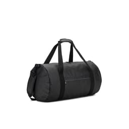 A cylindrical black duffle bag made from high-density 600D recycled polyester with a side compartment for shoes.