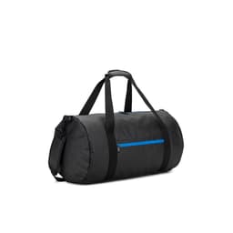 A cylindrical black duffle bag made of high-density 600D recycled polyester, featuring a blue side compartment for shoes and a logo.
