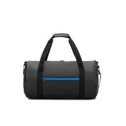 A cylindrical black sports bag made from recycled polyester, featuring a blue zippered side compartment.