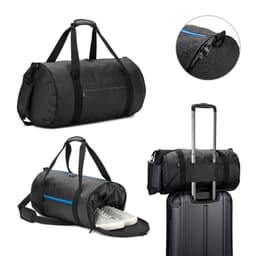 A cylindrical black duffle bag made from high-density recycled polyester, featuring a side compartment for shoes.