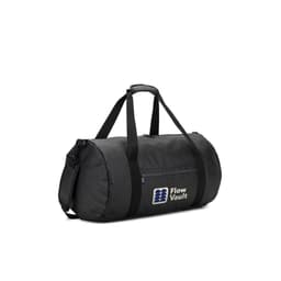 A cylindrical black duffle bag made from 600D recycled polyester with a side compartment and branding.