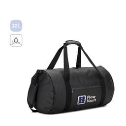 A cylindrical black duffle bag made of high-density recycled polyester, featuring a side compartment and a logo.