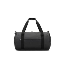A cylindrical black sports bag made from high-density recycled polyester, featuring a side compartment for shoes and a logo.