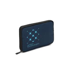 A dark blue organiser bag made from high-density recycled polyester, featuring a logo on one side.