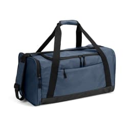 A dark blue duffle bag made of high-density recycled polyester with black straps and zippers. It features a logo.