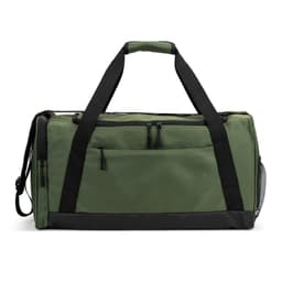 A green duffle bag made from high-density 600D recycled polyester, featuring black accents and a logo.