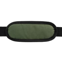 A green padded shoulder strap with black edging, designed for comfort and support.