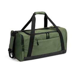 A green duffle bag made of high-density recycled polyester with black straps and zippers. Features a logo.