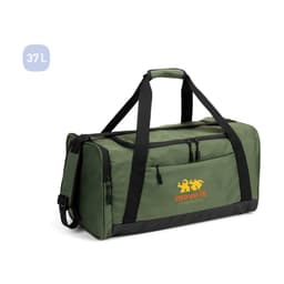 A green duffle bag made from high-density 600D recycled polyester with a logo and multiple carrying straps.