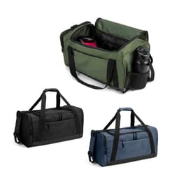 A green, black, and navy duffle bag made of high-density 600D recycled polyester, featuring multiple compartments and a bottle holder.