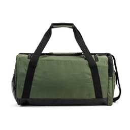 A green duffle bag made from high-density 600D recycled polyester, featuring black straps and mesh detailing.