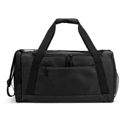 A black duffle bag made from high-density 600D recycled polyester with a front pocket and a mesh side pocket, featuring a logo.