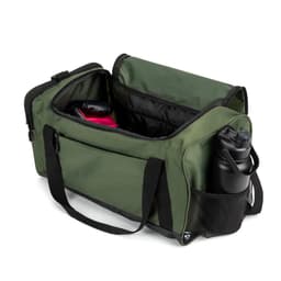 A green duffle bag made from recycled polyester features a drink bottle in a side pocket and a spacious interior.