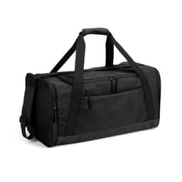 A black duffle bag made from high-density 600D recycled polyester, featuring multiple zip pockets and a detachable strap.