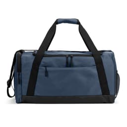 A blue duffle bag made from high-density 600D recycled polyester, featuring multiple compartments and a logo.