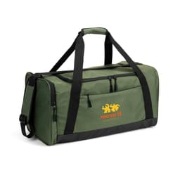 A green duffle bag made of high-density 600D recycled polyester, featuring a logo on the side.