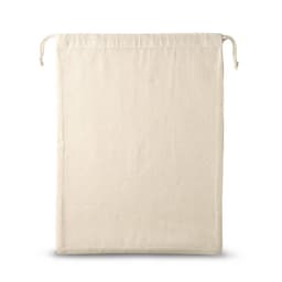A beige cotton bag with a drawstring closure, featuring a mesh front and a branding logo.
