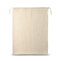 A natural, 100% cotton bag with a textured mesh front and drawstring closure, featuring a branding logo.