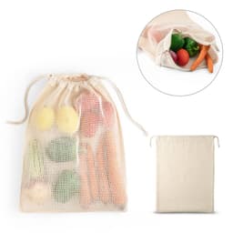 A cream-coloured cotton bag with a mesh front, filled with various fruits and vegetables, showcasing its mesh design.