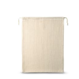 A natural beige cotton bag featuring a mesh front and drawstring closure, designed for various uses.