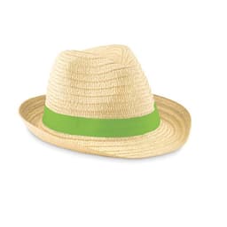 A straw fedora hat featuring a wide green band around its base.