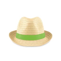 A straw hat with a green band, featuring a textured design and a classic fedora style.