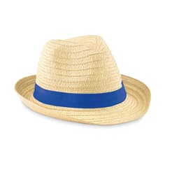 A straw hat in a light beige colour, featuring a blue ribbon around the base. It has a wide brim and a casual style.