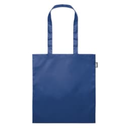 A navy blue tote bag with two shoulder straps and a simple design. It features a logo on one side.