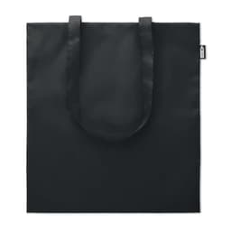A black tote bag with two handles and a simple design. It features a logo on the side.