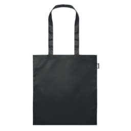 A black tote bag with two handles and a simple, streamlined design. It features a logo.