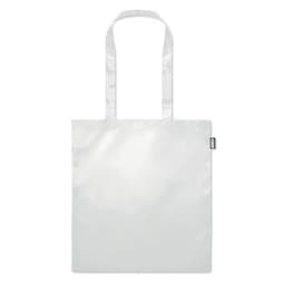 A white tote bag with long handles and a small logo tag on the side.