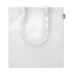 A white tote bag with two handles and a small logo on the side.