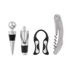 A wine accessory set featuring a corkscrew, pour spout, and two bottle stoppers in silver and black.
