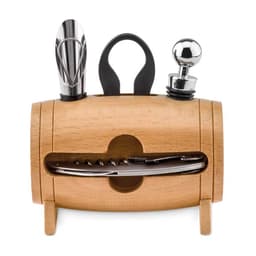 A wine accessory set in a wooden holder, featuring a corkscrew, pourer, and stopper.