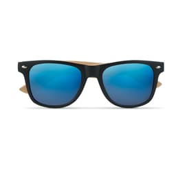 Sunglasses with black frames and blue mirrored lenses, featuring a wood-like design on the arms, and a logo present.