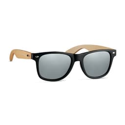 A pair of sunglasses with black frames and bamboo arms, featuring mirrored lenses. The frames have a logo.