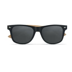 Sunglasses with a black frame and brown wooden temples, featuring dark lenses and a simple design.