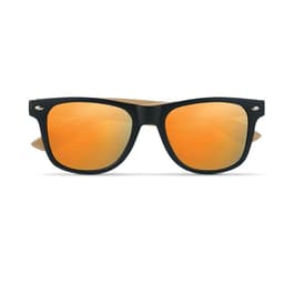 A pair of black sunglasses with orange mirrored lenses and wooden temple tips. The design is stylish and modern.