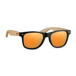Sunglasses with black frames and wooden arms, featuring orange mirrored lenses. Includes a logo on the frame.