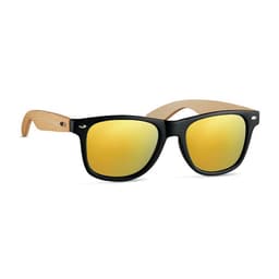 A pair of sunglasses with a black frame, golden tinted lenses, and wooden arms. The design features a logo.