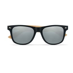 A pair of sunglasses featuring black frames and wooden arms with mirrored lenses. The design has a classic style.
