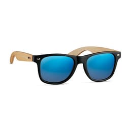 Sunglasses featuring black frames and wooden arms with blue mirrored lenses. The product has a logo on the frame.
